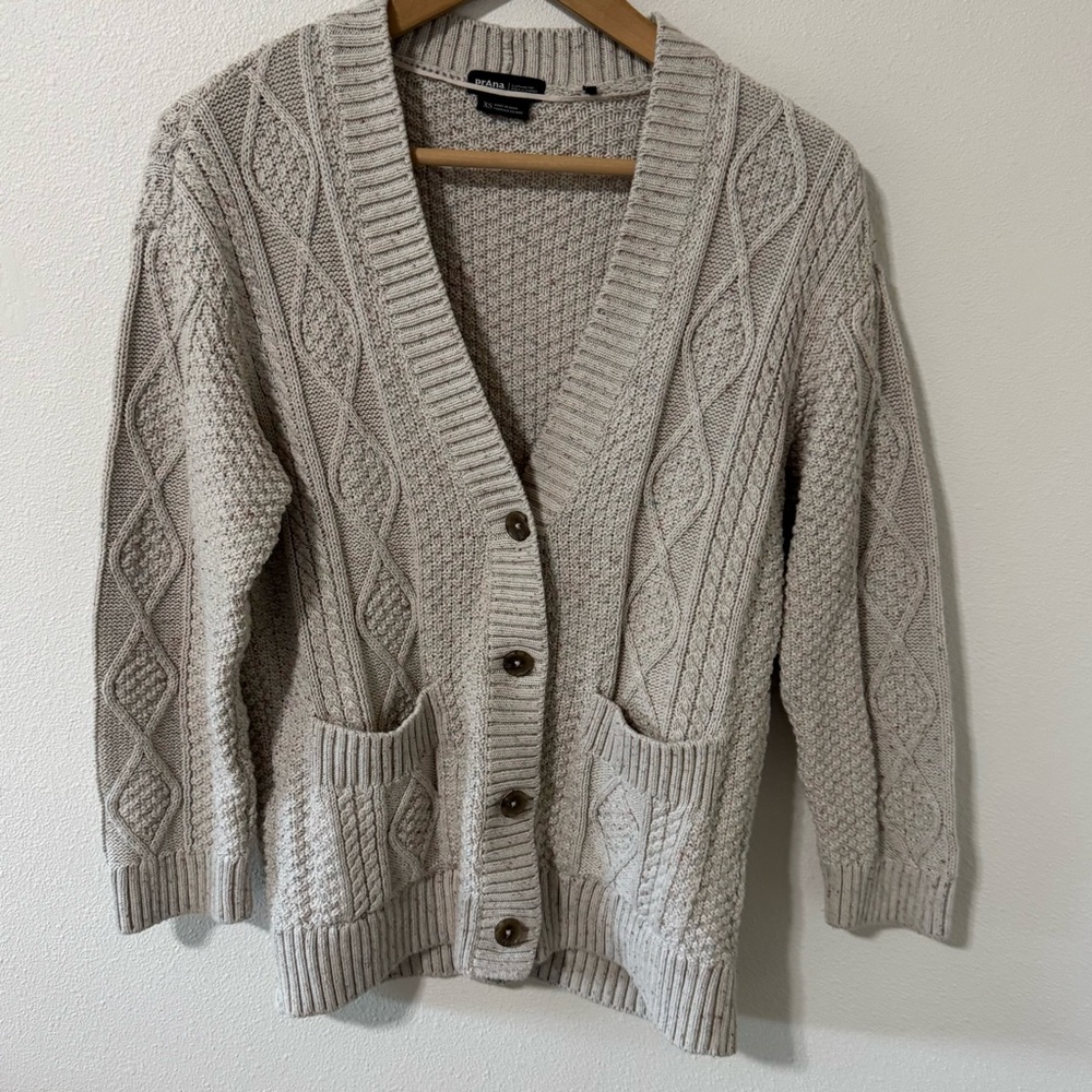 Prana Sangria Fields Cable Knit Button Cardigan Canvas Confetti Wool Blend-XS - Picture 2 of 11